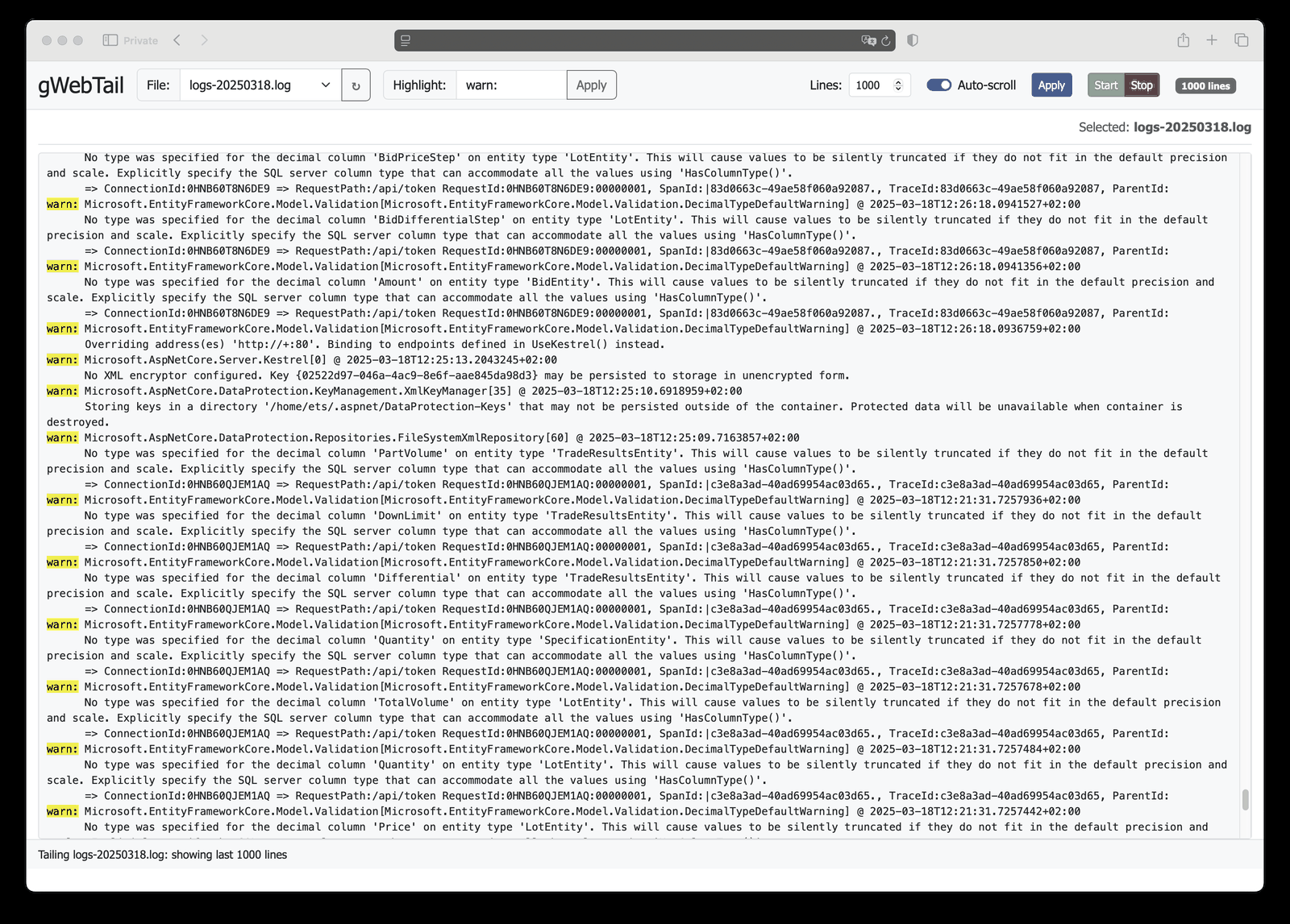 gWebTail zobrazuje log .NET aplikácie so zvýrazneným „warn:“